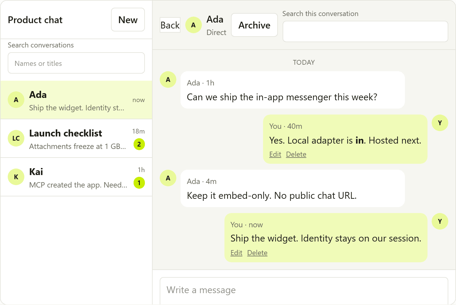 Bootstrapware Chat embed showing a 1:1 thread with Ada