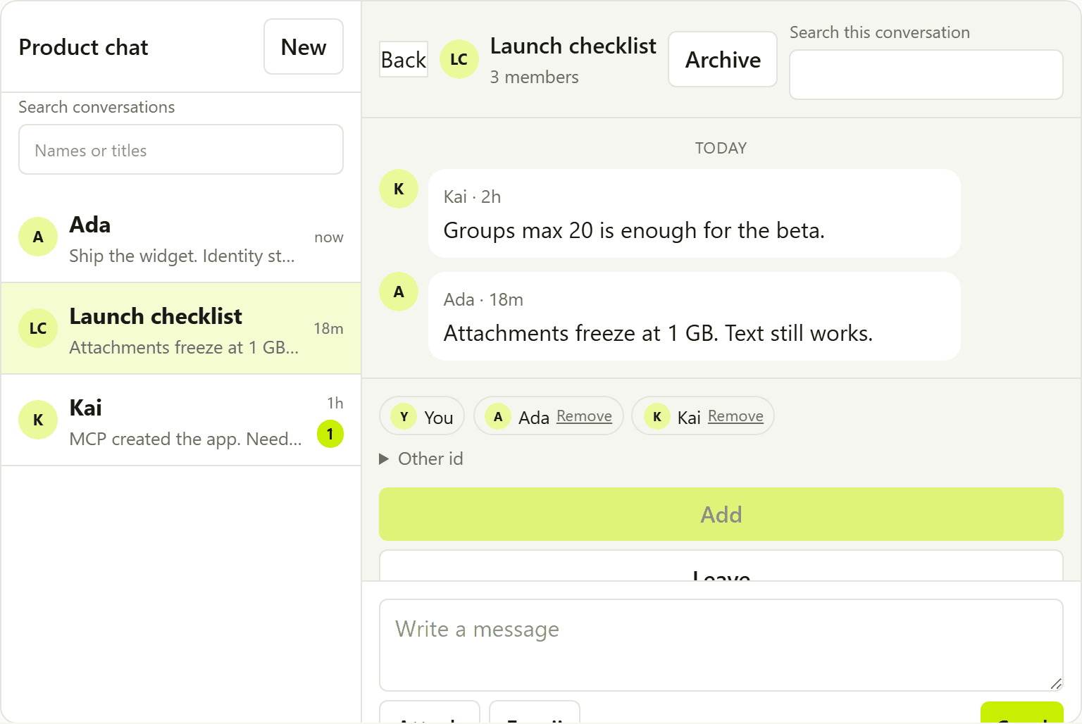 Group thread Launch checklist with member add, Leave, and messages from Kai and Ada.