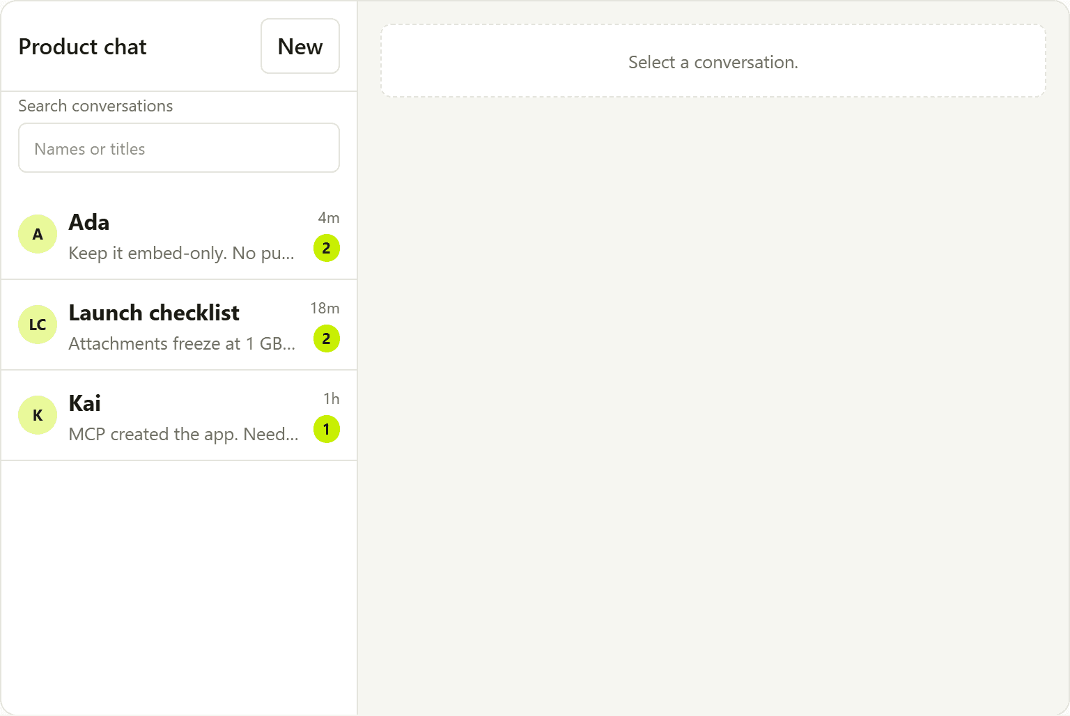 Chat embed showing the conversation list and an idle thread.