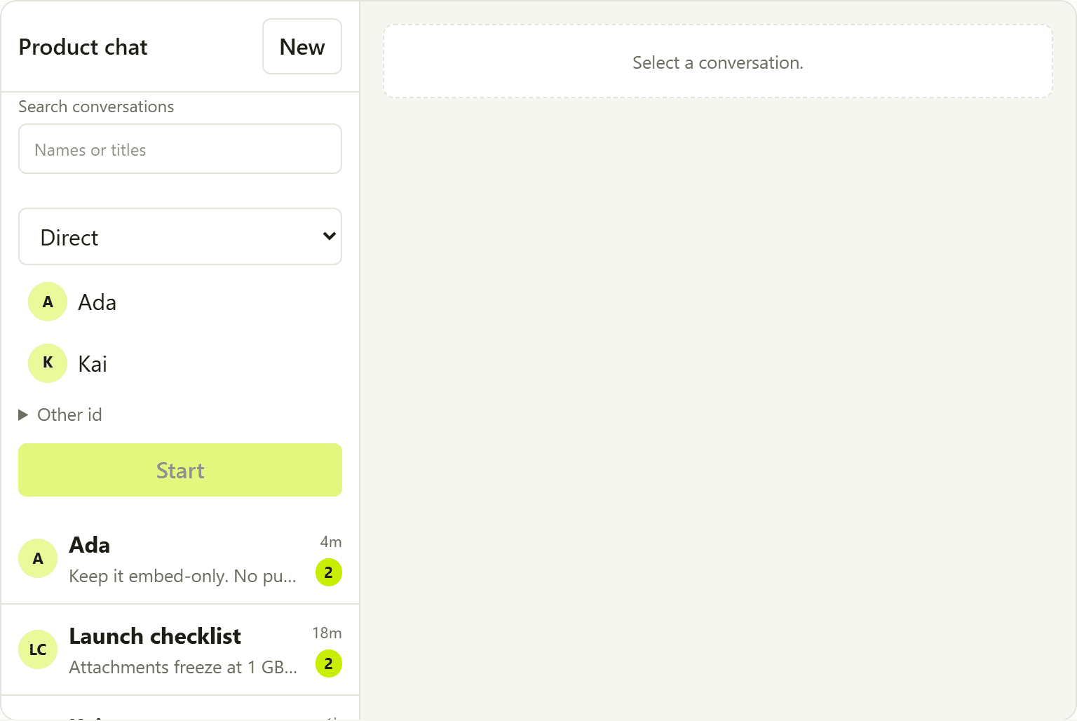 New conversation form with Direct selected and a host-asserted user id.