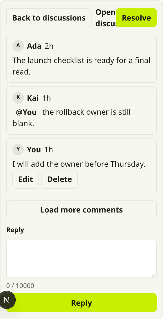 Mobile Comments thread where Kai mentions You on the launch checklist.
