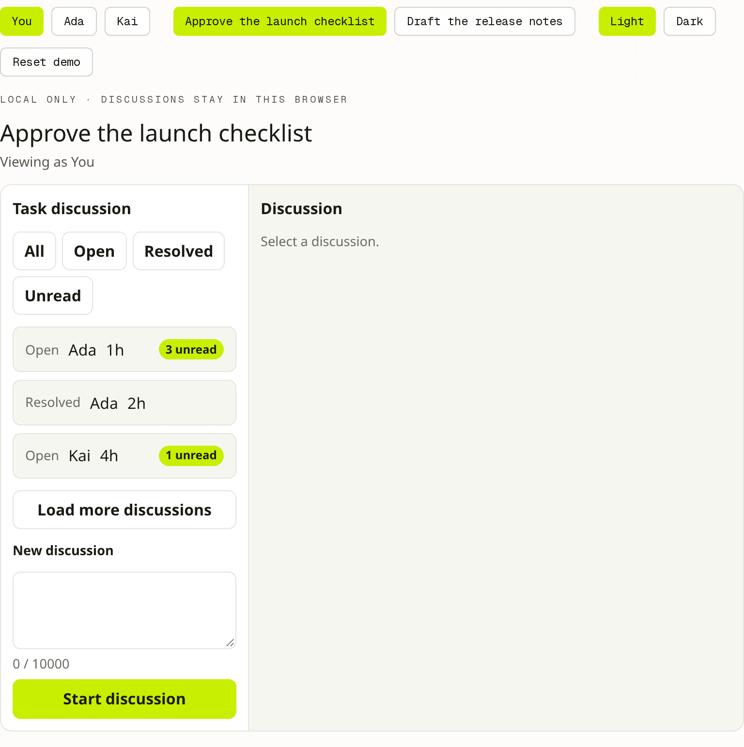 Comments demo for the task Approve the launch checklist, with You selected, an unread discussion, and load more.