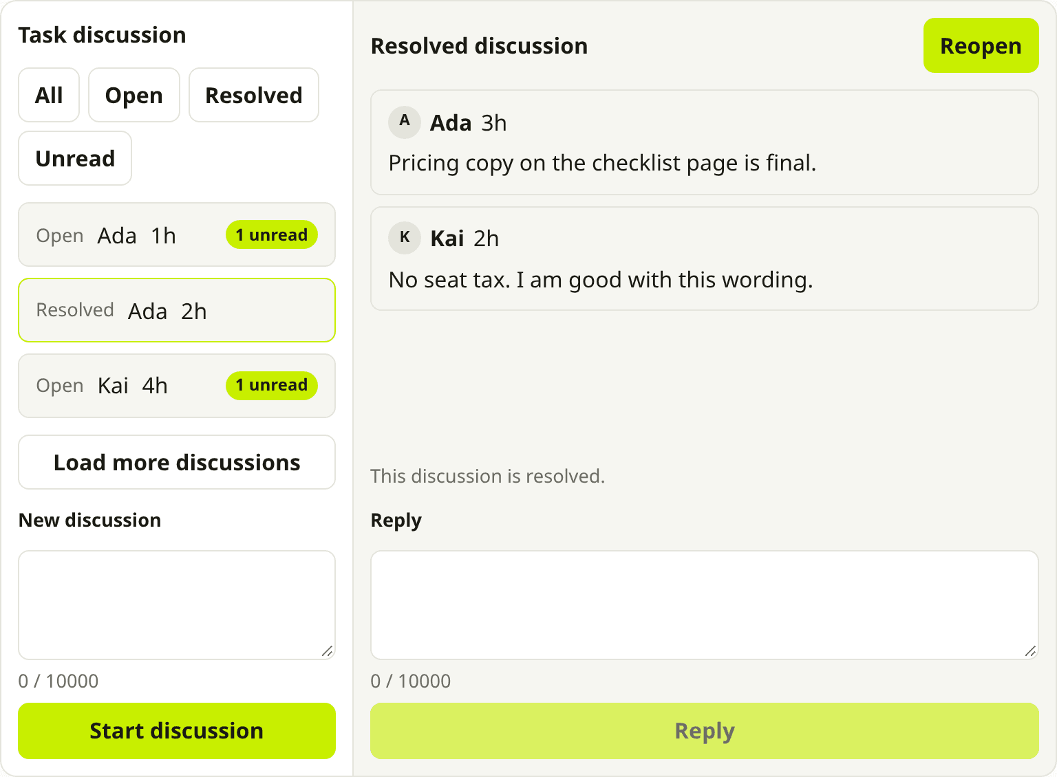 Resolved discussion where Ada and Kai agree the checklist pricing copy is final.