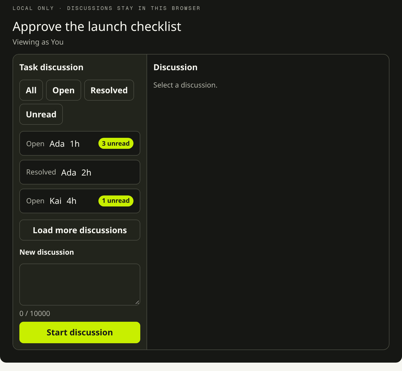 Dark host theme of the Comments demo on the task Approve the launch checklist.