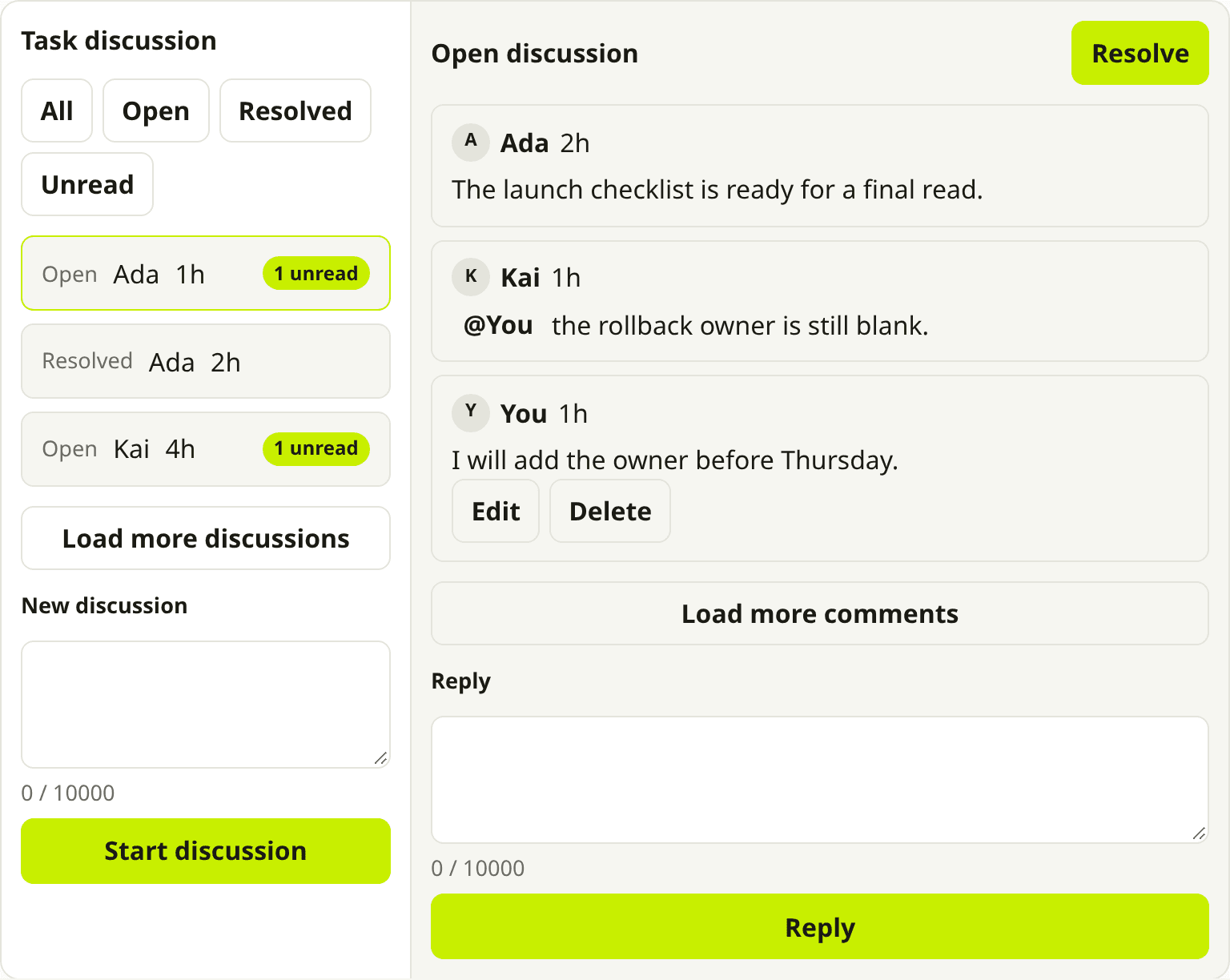 Open discussion where Kai mentions You about the blank rollback owner on the launch checklist.
