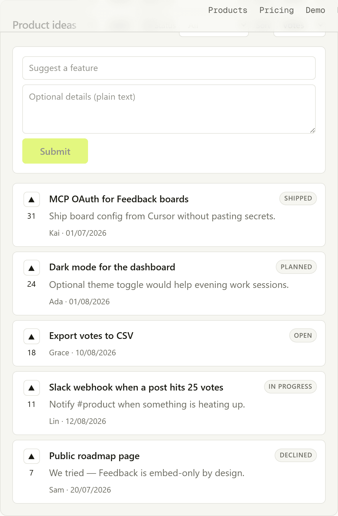 Feedback board: feature requests with votes, status badges, and a submit form.