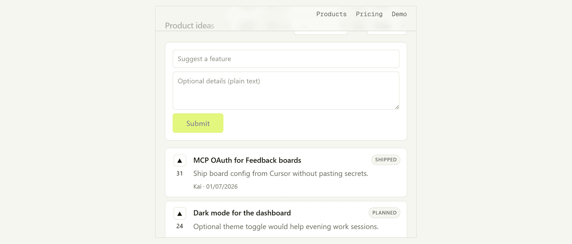 Bootstrapware Feedback embed with votes and status badges