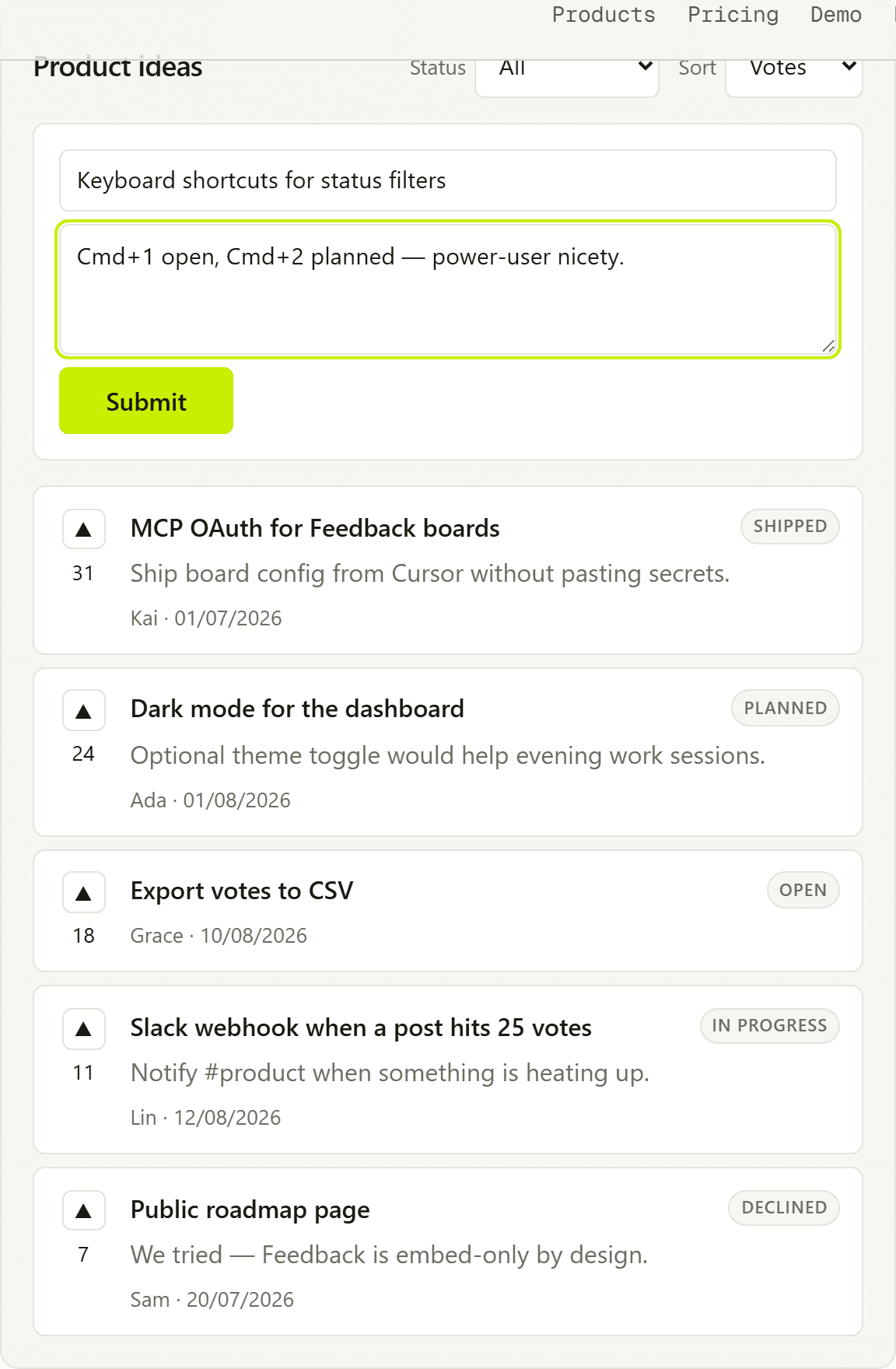Feedback submit form with a feature title and optional details filled in.