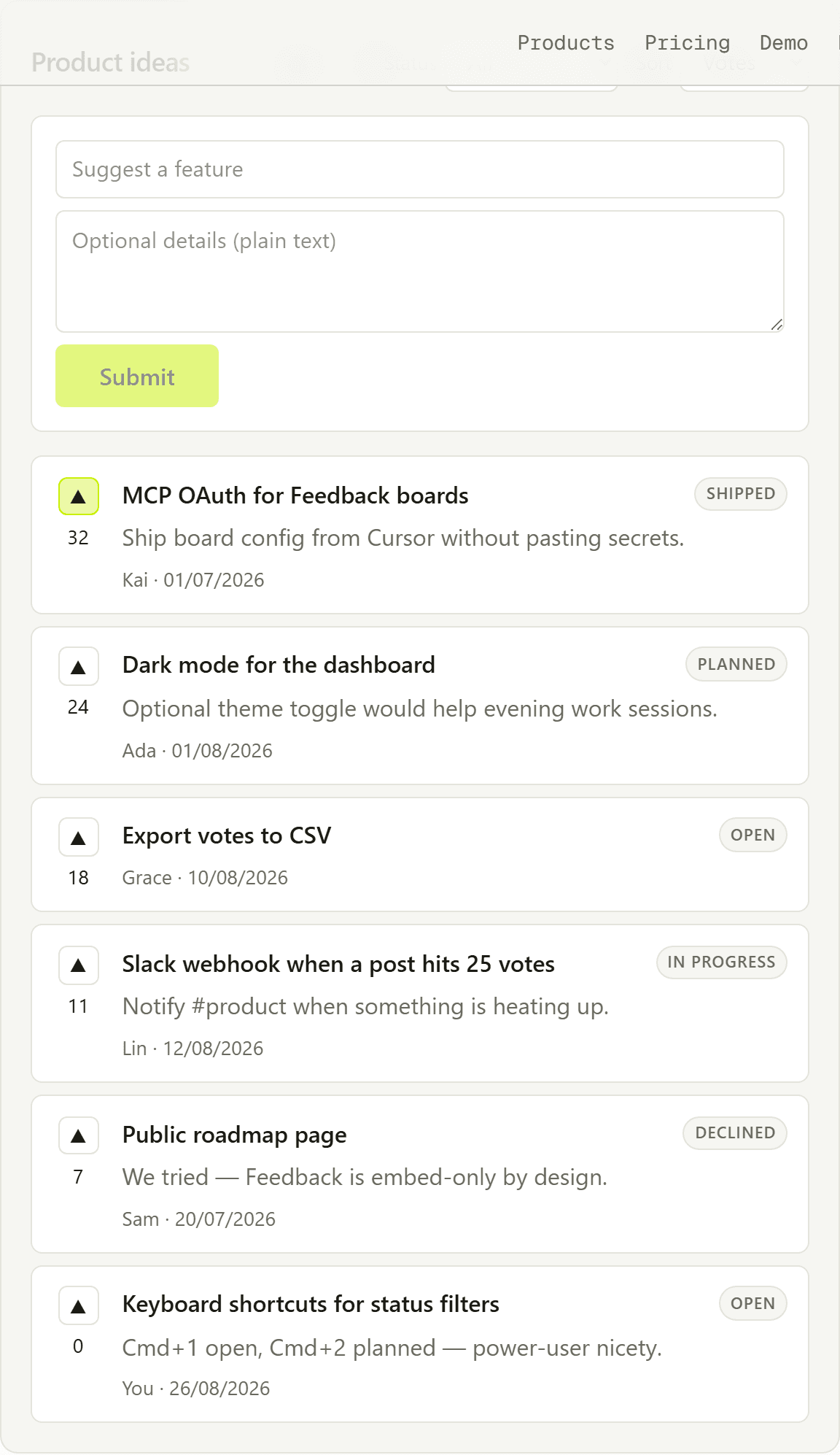 Feedback list after voting, vote counts and status badges on each request.