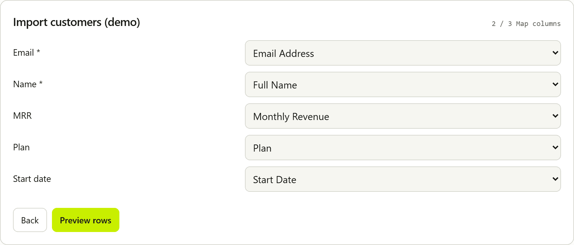 Importer column mapping: Email, Name, MRR, Plan, and Start date mapped from spreadsheet headers.