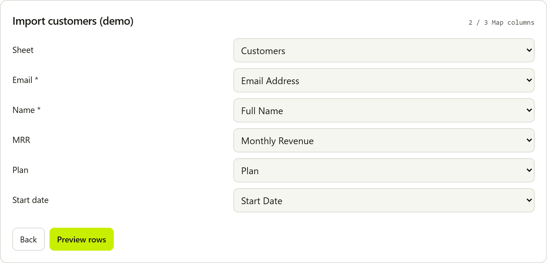Importer mapping step with a multi-sheet Excel picker set to Customers.