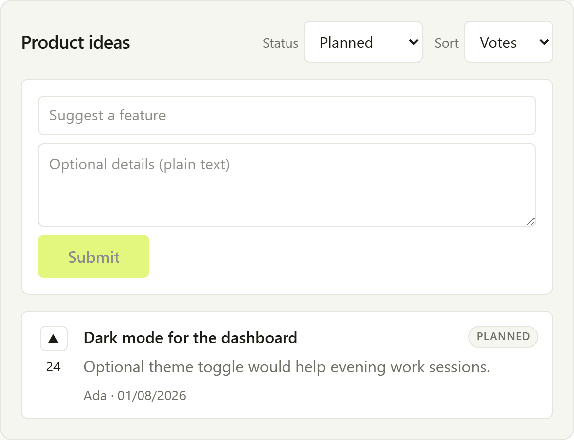 Feedback board filtered to planned requests.