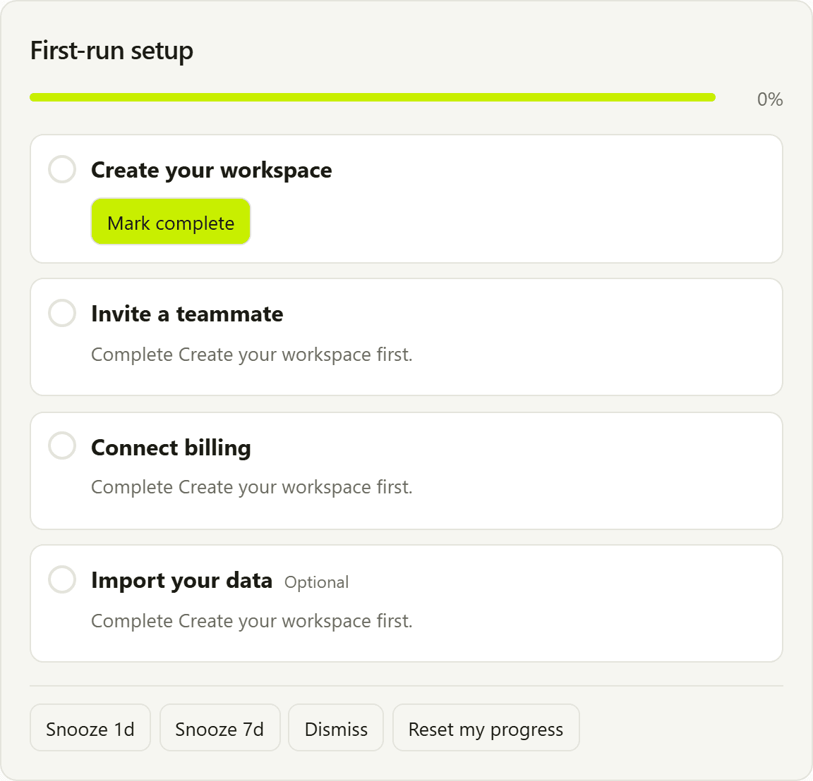 Onboard embed at 0% with blocked copy until Create your workspace is complete.
