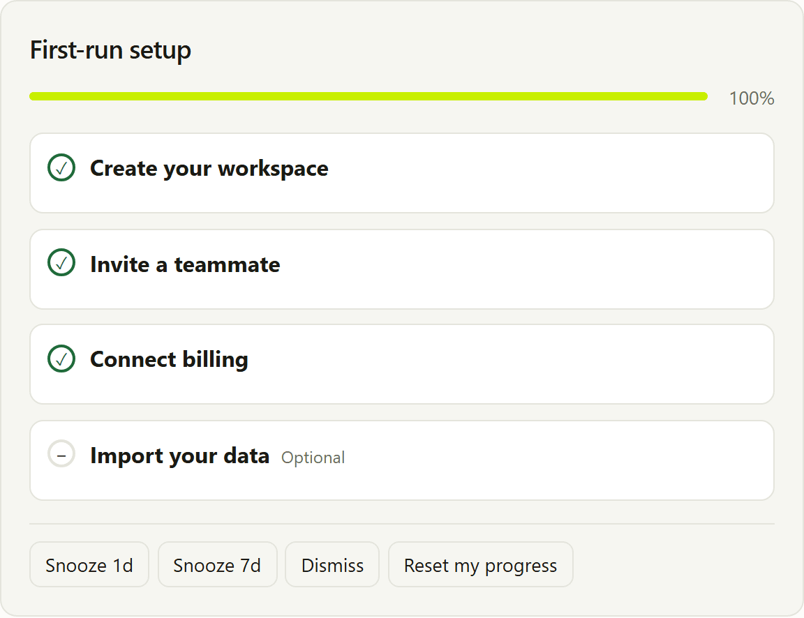 Onboard embed at 100% with required steps complete and the optional import skipped.
