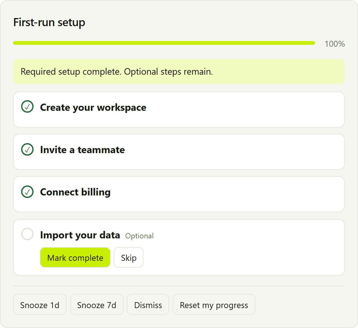 Onboard embed with required steps complete and an optional import still open.