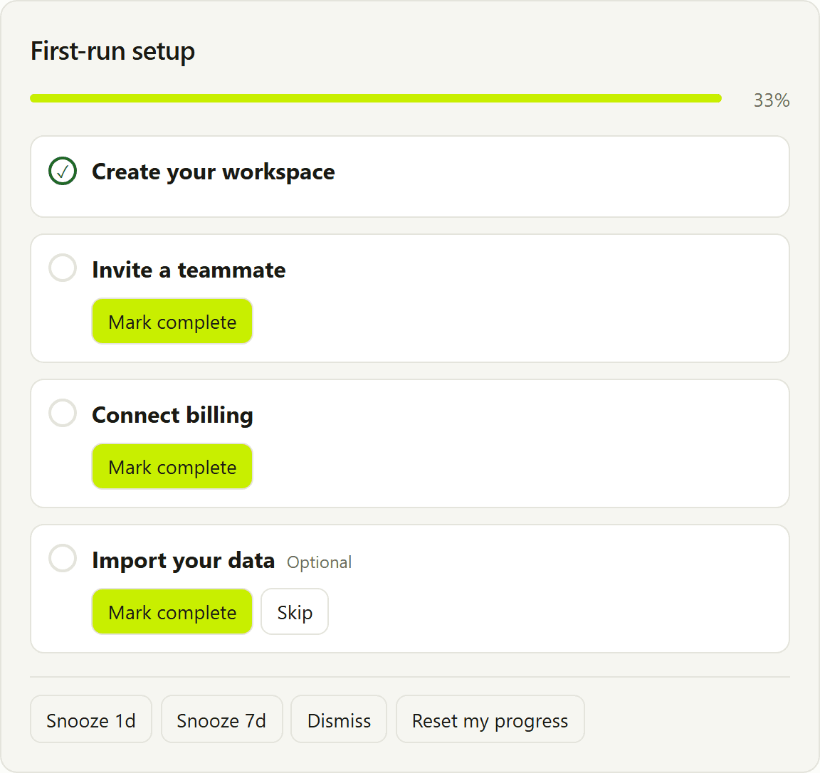 Onboard embed after completing Create your workspace, with invite, billing, and optional import unlocked.