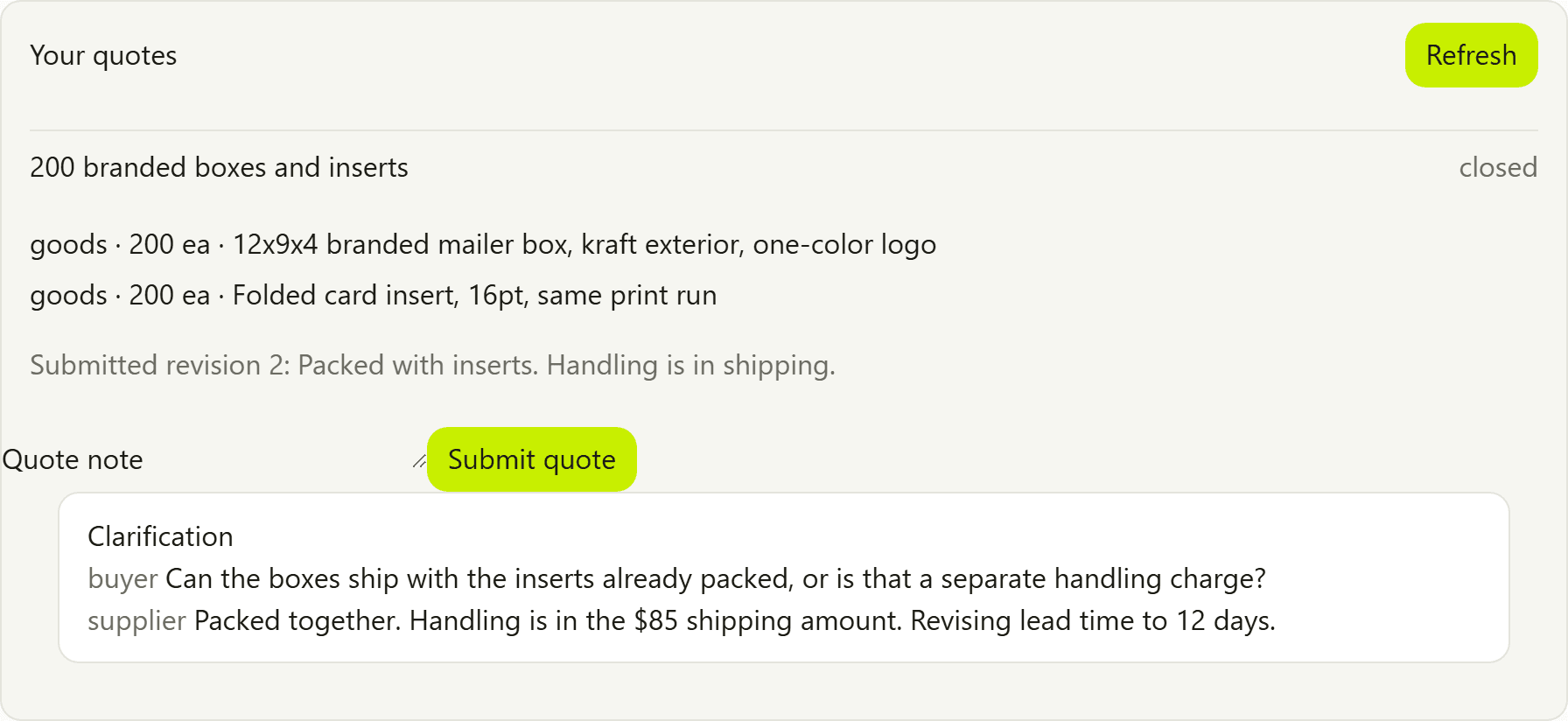 North Pack supplier surface showing the goods invitation and submitted quote note.